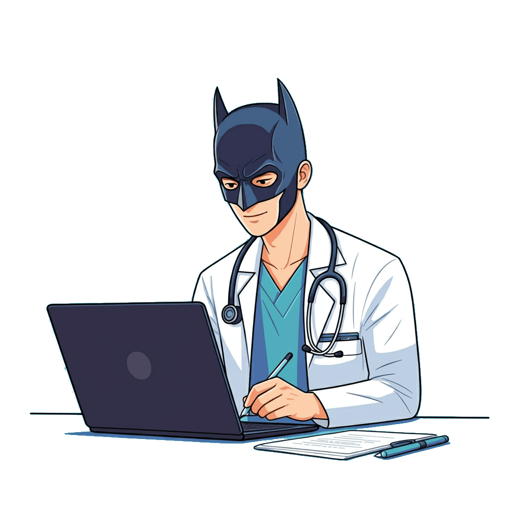 Uno specializzando che indossa la maschera di batman e scrive al pc